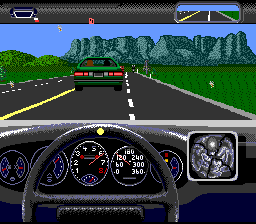 The Duel: Test Drive II (SNES) screenshot: Be careful not to hit this green car