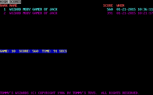 Tommy's Wizards (DOS) screenshot: The game's high score table
