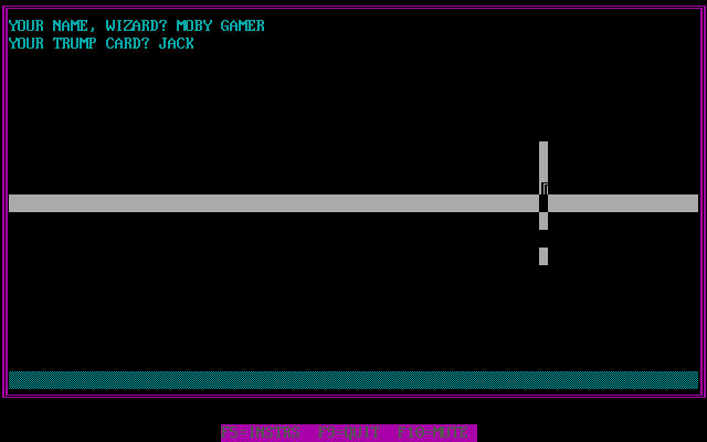 Tommy's Wizards (DOS) screenshot: This is the basic game screen. The vertical bar represents the player/wizard balance of power. It constantly changes size, the symbols within it change too