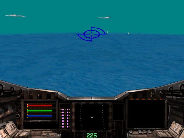 Shockwave Assault (Windows) screenshot: The ship has launched and is going into combat over Egypt. The approach is over the sea where there's a chance to watch the wind-surfers. Don't they know we're being invaded!