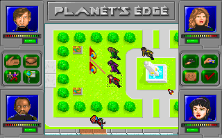 Planet's Edge: The Point of no Return (DOS) screenshot: The planet Talitha II has a seemingly peaceful, medieval-like vibe. This is an outdoor area there