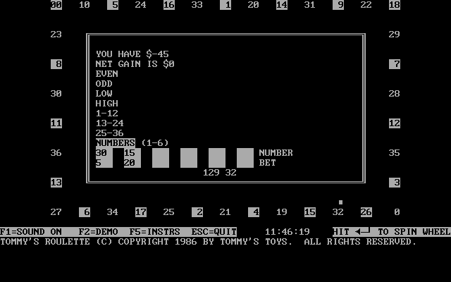 Tommy's Roulette (DOS) screenshot: The player can bet on individual numbers. Here they are betting $5 of number 30 and $20 on number 15