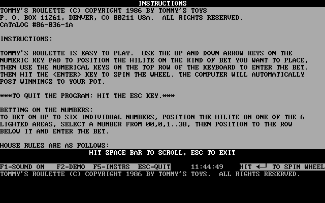 Tommy's Roulette (DOS) screenshot: The game has a command line option to play it in monochrome. This is how the first screen of the game's instructions looks when that game mode is used