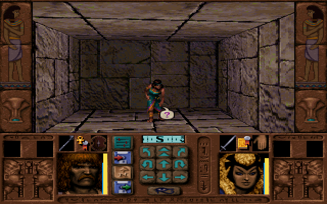 Ravenloft: Stone Prophet (DOS) screenshot: An event in a dungeon: you meet an NPC you can talk to. Hence the icon