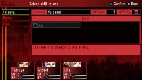 Shin Megami Tensei: Persona 2 - Innocent Sin (PSP) screenshot: The usual crux of Megami Tensei games - not knowing how to name Agi as simply FIRE.