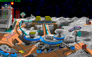 Planet's Edge: The Point of no Return (DOS) screenshot: You start here, on the Moonbase. This place serves as your home base and main menu