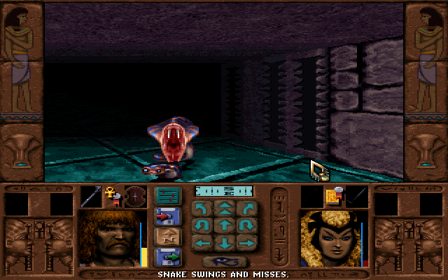 Ravenloft: Stone Prophet (DOS) screenshot: Another day, another dark temple. Nice floor! Captured the snake in the middle of the attack animation