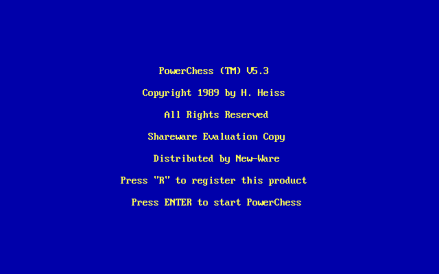 PowerChess (DOS) screenshot: The game's title screen Shareware version