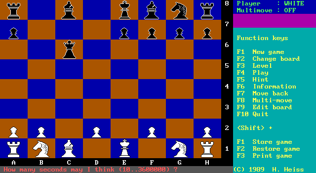 PowerChess (DOS) screenshot: The game communicates with the player by putting messages on the bottom line. This message is shown when the player adjusts the game's difficulty. Other prompts are for save/load filenames