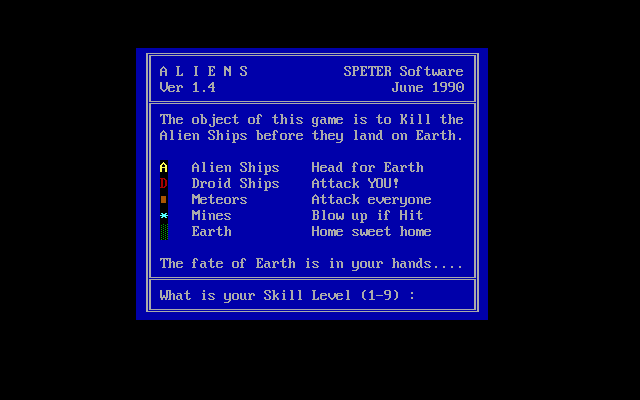 Aliens (DOS) screenshot: Instructions