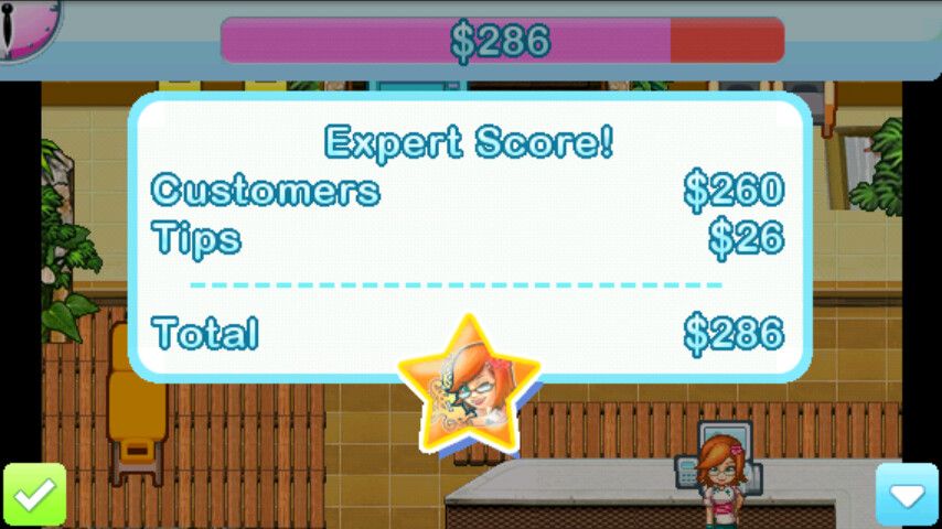 Sally's Spa (Android) screenshot: Today's score/revenue