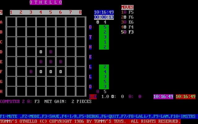 Tommy's Othello (DOS) screenshot: Here the computer is playing both sides