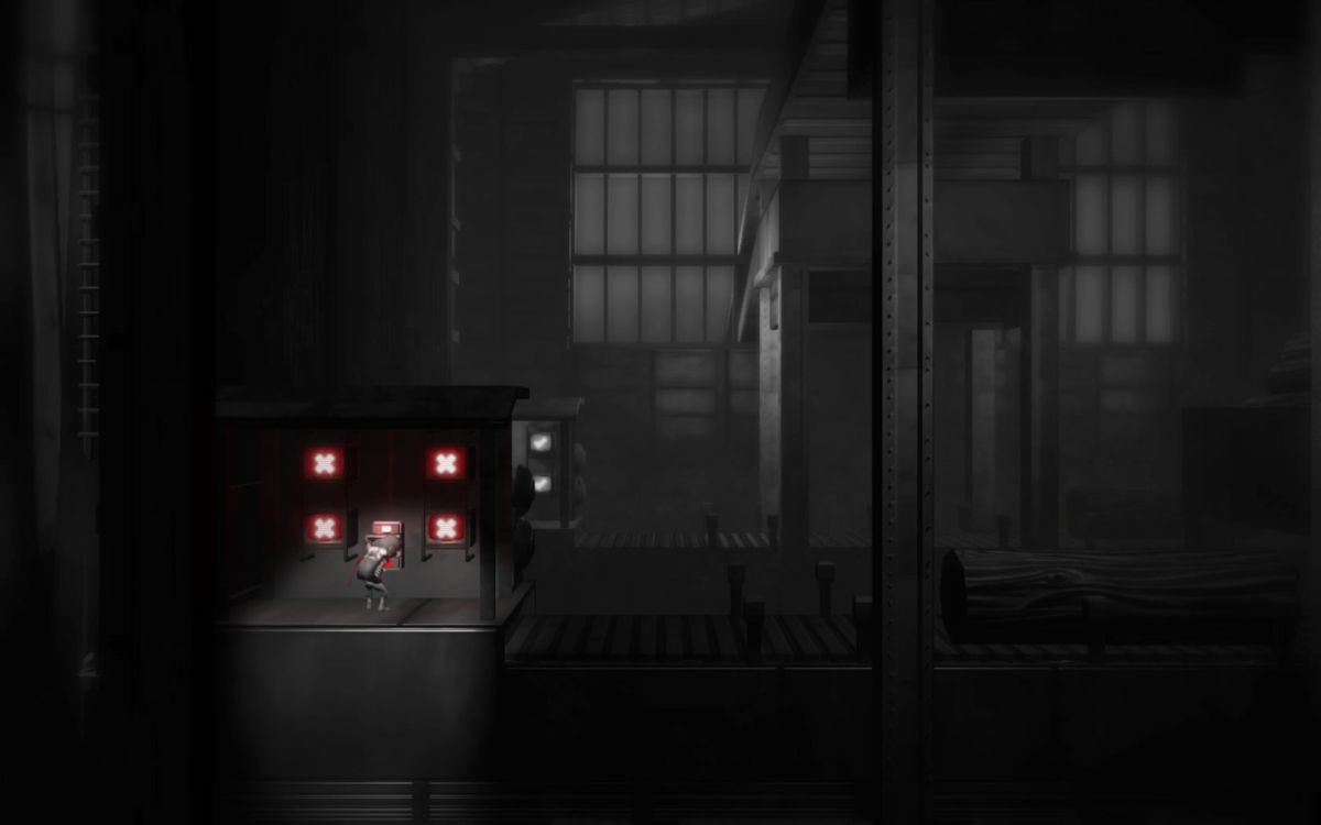 Monochroma (Windows) screenshot: Manipulate levers to control parts of the environments.