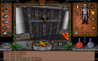 Ultima Underworld: The Stygian Abyss (DOS) screenshot: Drag and drop from the inventory to the screen to use items...