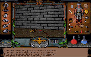 Ultima Underworld: The Stygian Abyss (DOS) screenshot: Yes, I'm peckish and wide awake. You got a problem with that?!.. ... Anyway. That's a lot of bricks. And treasure. And me showing off my key collection and all