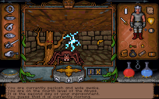 Ultima Underworld: The Stygian Abyss (DOS) screenshot: I'd never guess it is currently morning... And guys... can't we all just get along? I get nervous when attacked by giant spiders, maniacal trees, and lightning spells. I'm weird that way