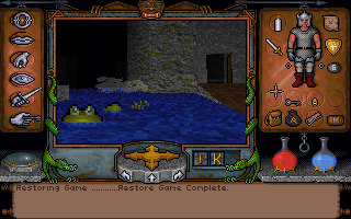 Ultima Underworld: The Stygian Abyss (DOS) screenshot: Swimming is fine. Sure. It's a pity they didn't tell me about the crazed hippo-wannabes who'll bite me to death when I was booking this vacation
