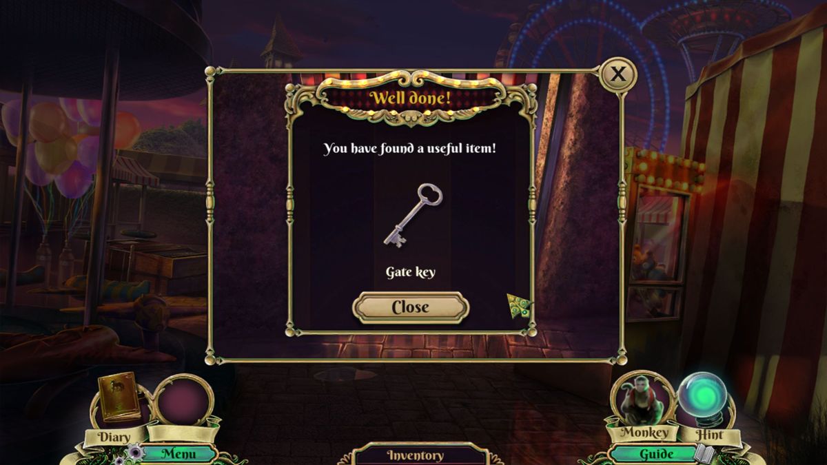 Dark Arcana: The Carnival (Windows) screenshot: Solving a puzzle will often result in an item being added to the inventory.