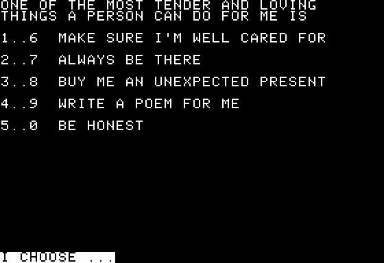 Lovers or Strangers (Apple II) screenshot: I Choose None of the Above