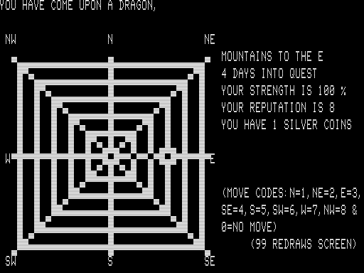 Knight's Quest / Robot Chase / Horse Race (TRS-80) screenshot: Encountering a Dragon