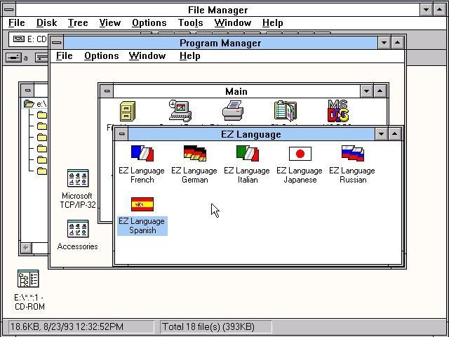EZ Language (Windows 3.x) screenshot: All six applications install into a single program group. There is no help file and no supporting documentation