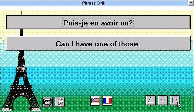 EZ Language: French (Windows 3.x) screenshot: Phrase Drill. A single phrase per screen