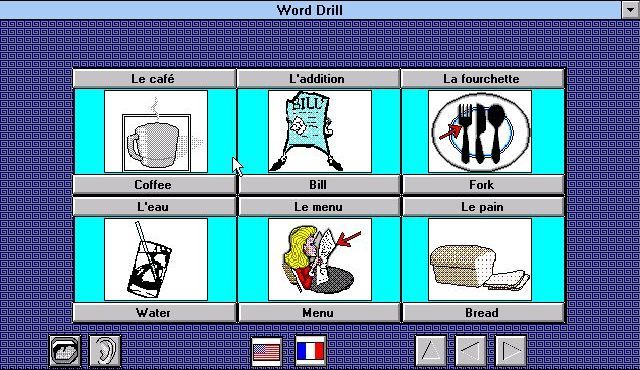 EZ Language: French (Windows 3.x) screenshot: Word Drill: Clicking on the picture tile or either the French or American captions will trigger the sound clip. The Mouth and Ear icons in the lower left are used for record and playback