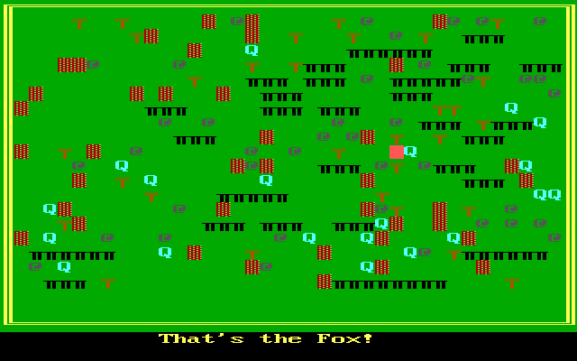 OutFox (DOS) screenshot: The end of a game. The red block is all that remains of the fox