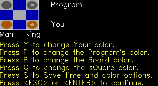 Checkers (DOS) screenshot: This is the screen that allows the player to change the game's colour scheme v1.61