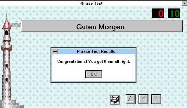 EZ Language: German (Windows 3.x) screenshot: Phrase Test: Results. The boy done good