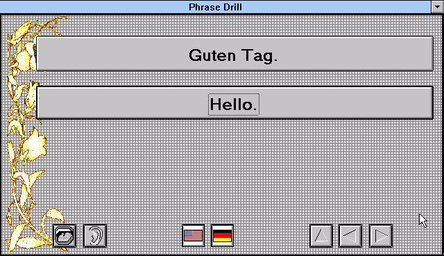 EZ Language: German (Windows 3.x) screenshot: Phrase Drill. A single phrase per screen