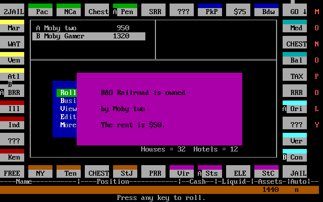 Automon (DOS) screenshot: Here the player has landed on an opponents property and rent is due
