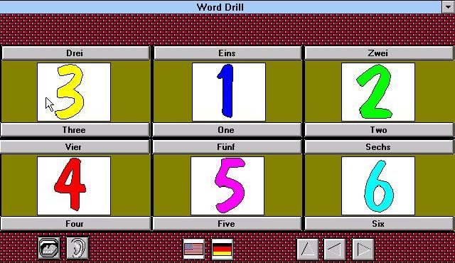EZ Language: German (Windows 3.x) screenshot: Word Drill: Clicking on the picture tile or either the German or American captions will trigger the sound clip. The Mouth and Ear icons in the lower left are used for record and playback