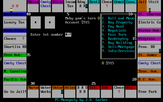 PC-Monopoly (DOS) screenshot: Here the player wants to mortgage a property. Numbers are shown around the screen and the player must count on to find the 'lot number' of the property they own