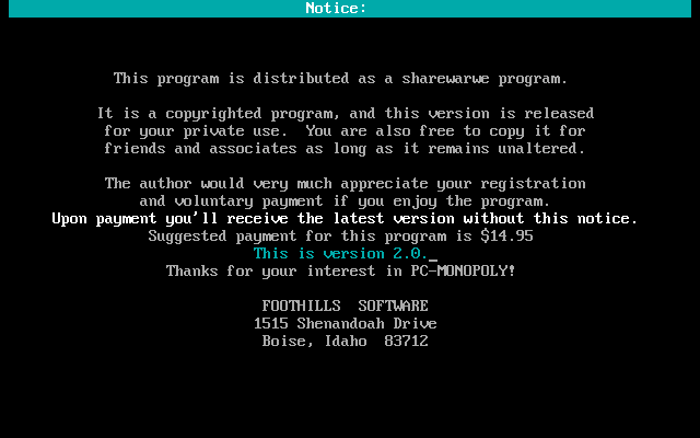 PC-Monopoly (DOS) screenshot: The game starts and ends with a shareware reminder