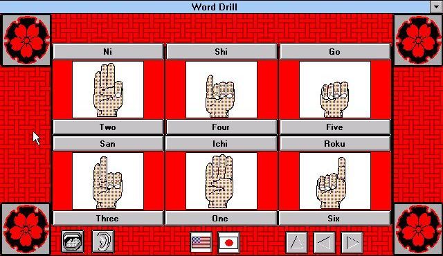 EZ Language: Japanese (Windows 3.x) screenshot: Word Drill: Clicking on the picture tile or either the Japanese or American captions will trigger the sound clip. Looks as though they count the fingers NOT showing