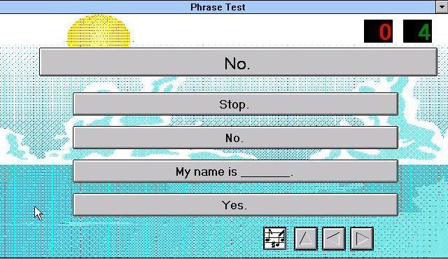 EZ Language: Italian (Windows 3.x) screenshot: Phrase Test: Here the pupil must click on the American equivalent of the Italian phrase, here it's just a word and what does 'No' mean.....