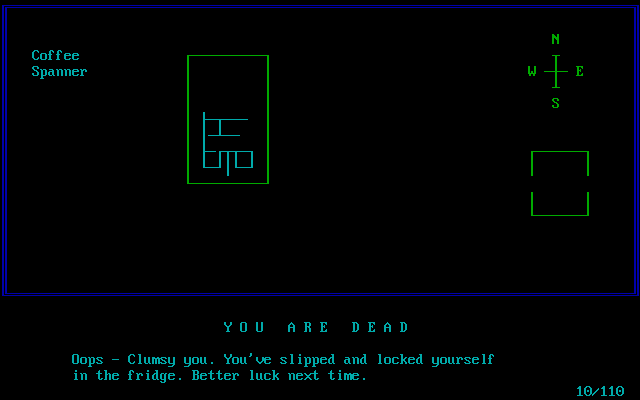 Intergalactic Bar Mans Pub Crawl (DOS) screenshot: It's very easy to die in this game. Just examine the wrong thing and it's game over