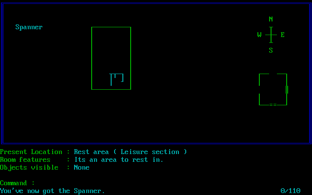 Intergalactic Bar Mans Pub Crawl (DOS) screenshot: When an object is found within a room the player types 'GET X', or in this case 'GET SPANNER', and it appears in the inventory in the upper left