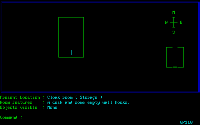 Intergalactic Bar Mans Pub Crawl (DOS) screenshot: The start of a game. The map in the upper section is drawn automatically as the player progresses through the game