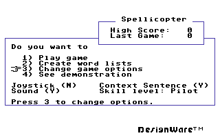 Spellicopter (Commodore 64) screenshot: Options
