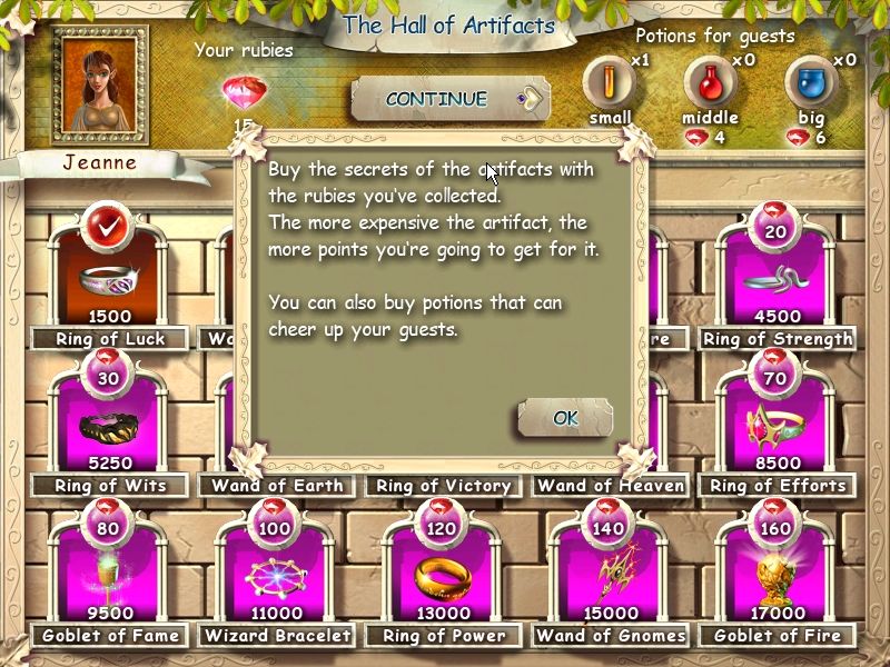 Magic Shop (Windows) screenshot: The Hall of Artifacts where you can buy various item upgrades and potions