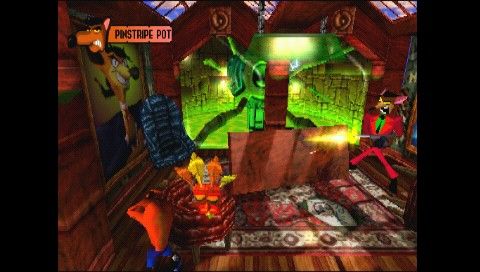 Crash Bandicoot (PSP) screenshot: Pinstripe's office is located right next to acid container. Hmm...