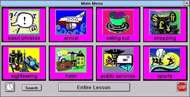 EZ Language: Russian (Windows 3.x) screenshot: The menu screen. Unlike other titles in the series, French for example, there is no option to view extra lessons on another screen