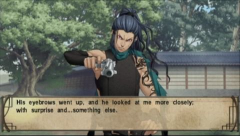 Hakuoki: Demon of the Fleeting Blossom (PSP) screenshot: Kyo Shiranui is surprised by your sudden boldness