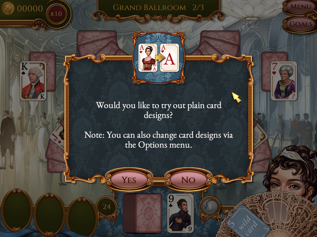 Regency Solitaire (Windows) screenshot: Do I want to switch to the plain design cards ot stick with what I'm using?