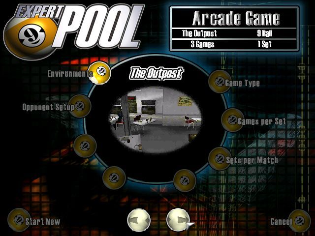 Expert Pool (Windows) screenshot: The game has many customisable options from which location the match is played in, which set of rules, how many games per set and how many sets per match