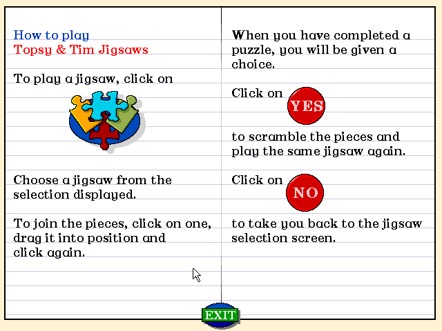 Topsy and Tim Go to School (Windows 3.x) screenshot: The Jigsaw Game: The instruction screen