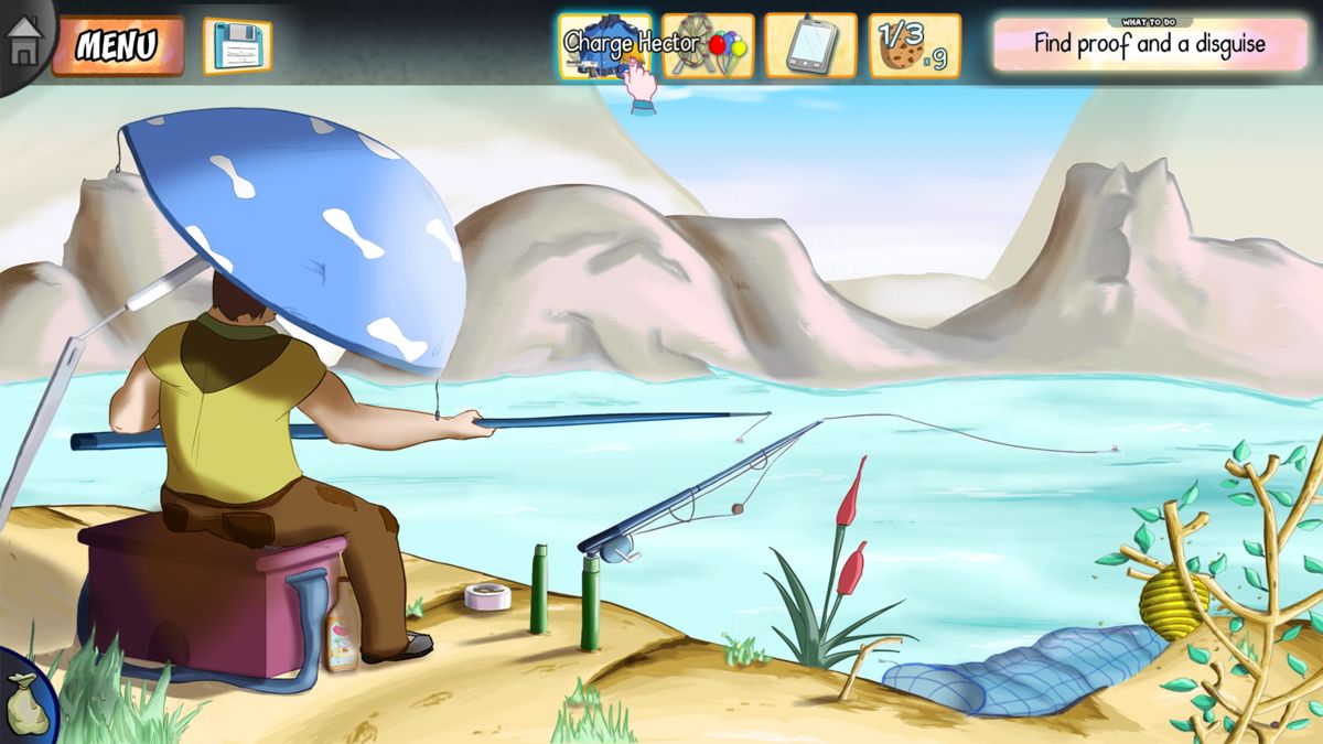 Demetrios: The Big Cynical Adventure (PlayStation 4) screenshot: Certain goal objectives and collectibles can be accessed on top of the screen