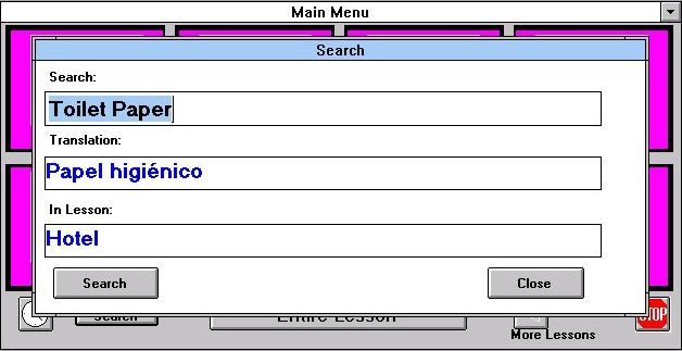 EZ Language: Spanish (Windows 3.x) screenshot: This shows the search function that is on the main menu screen. It is limited to the words that are part of the lessons